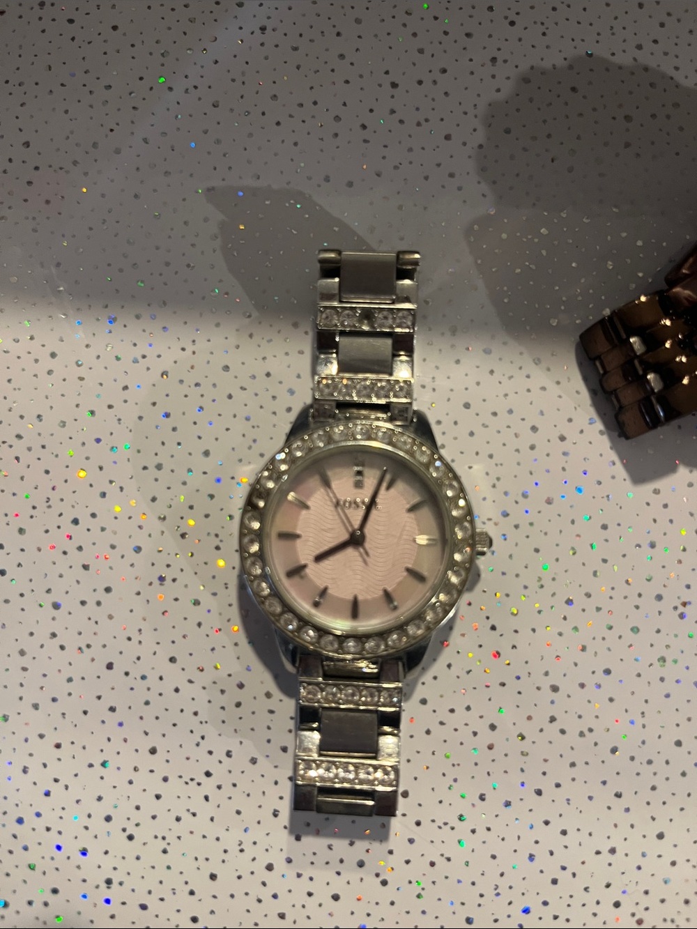 Fossil Silver accent  Bracelet Watch with Pink Dial and Crystal Accents